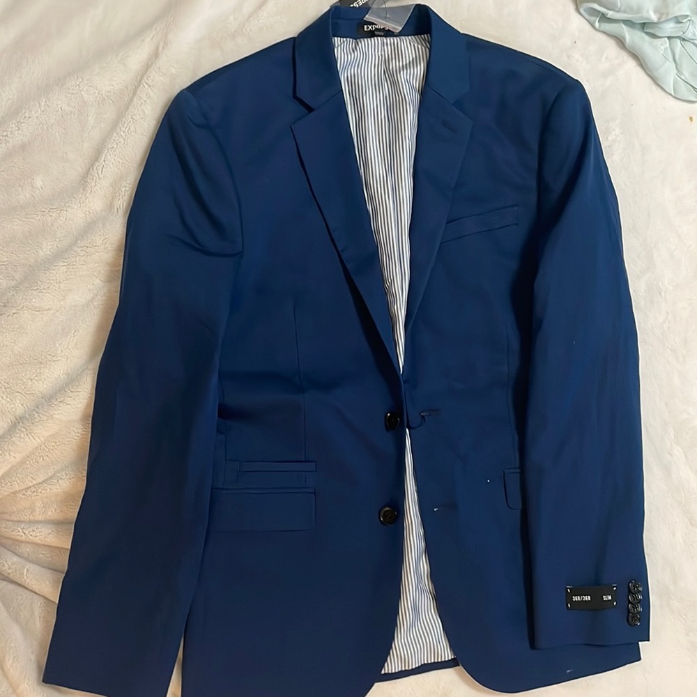 Solid Blue Express Suit Jacket Stretch Size 36 Regular